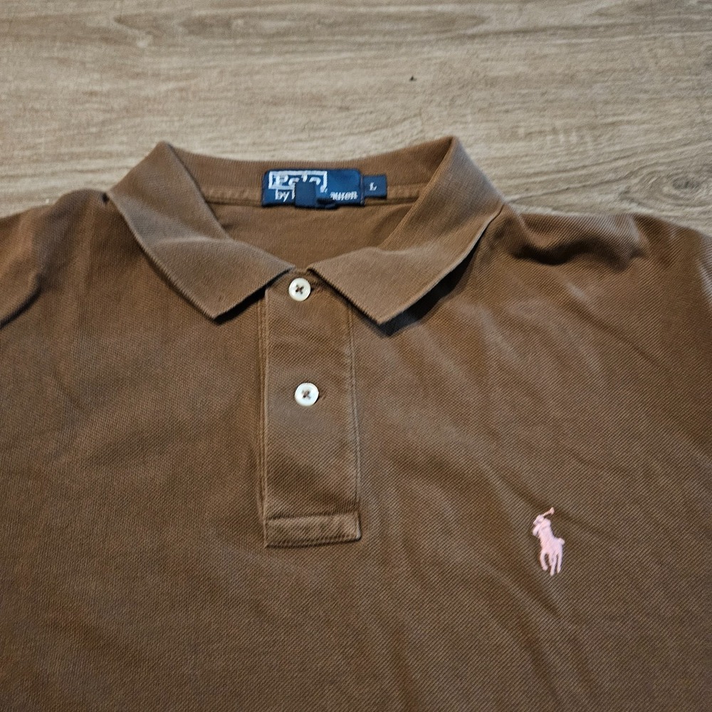 Polo Ralph Lauren Polo Shirt Mens Large Brown Pink Pony Cotton Casual - Picture 2 of 8
